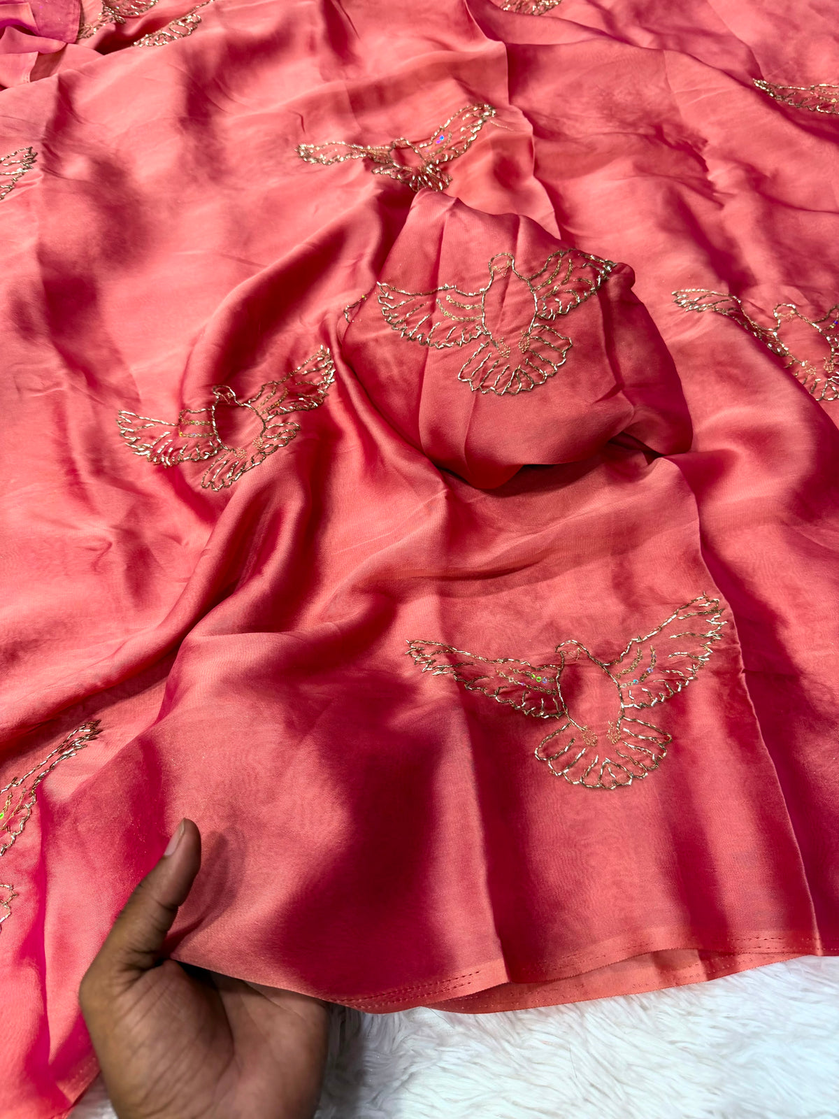 Soft Silk Saree with All-Over Bird Embroidery and Running Blouse