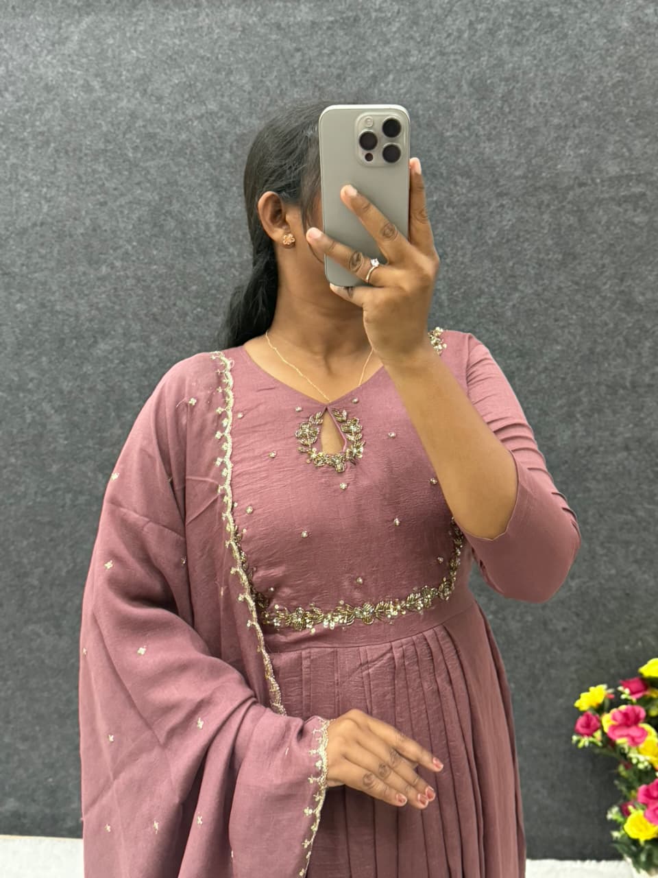 Handwork Vichitra Silk Anarkali Gown with Sequence Work Dupatta