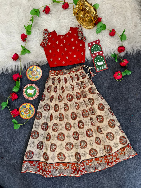 Girls Linen Blend Skirt Set with Contrast Motif Design