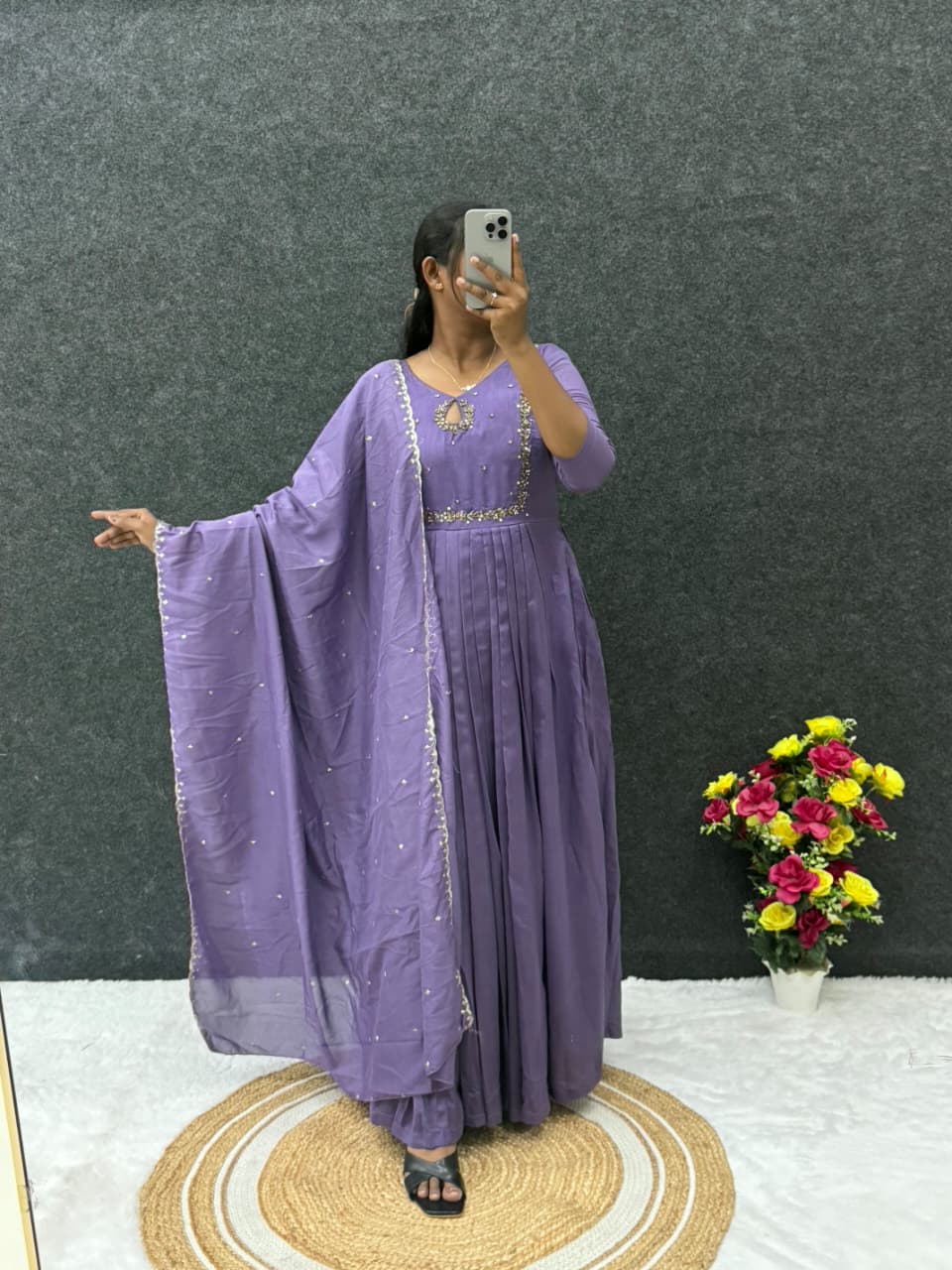 Handwork Vichitra Silk Anarkali Gown with Sequence Work Dupatta