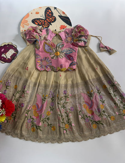 Kids Embroidered Tissue Fabric Lehenga Choli Set