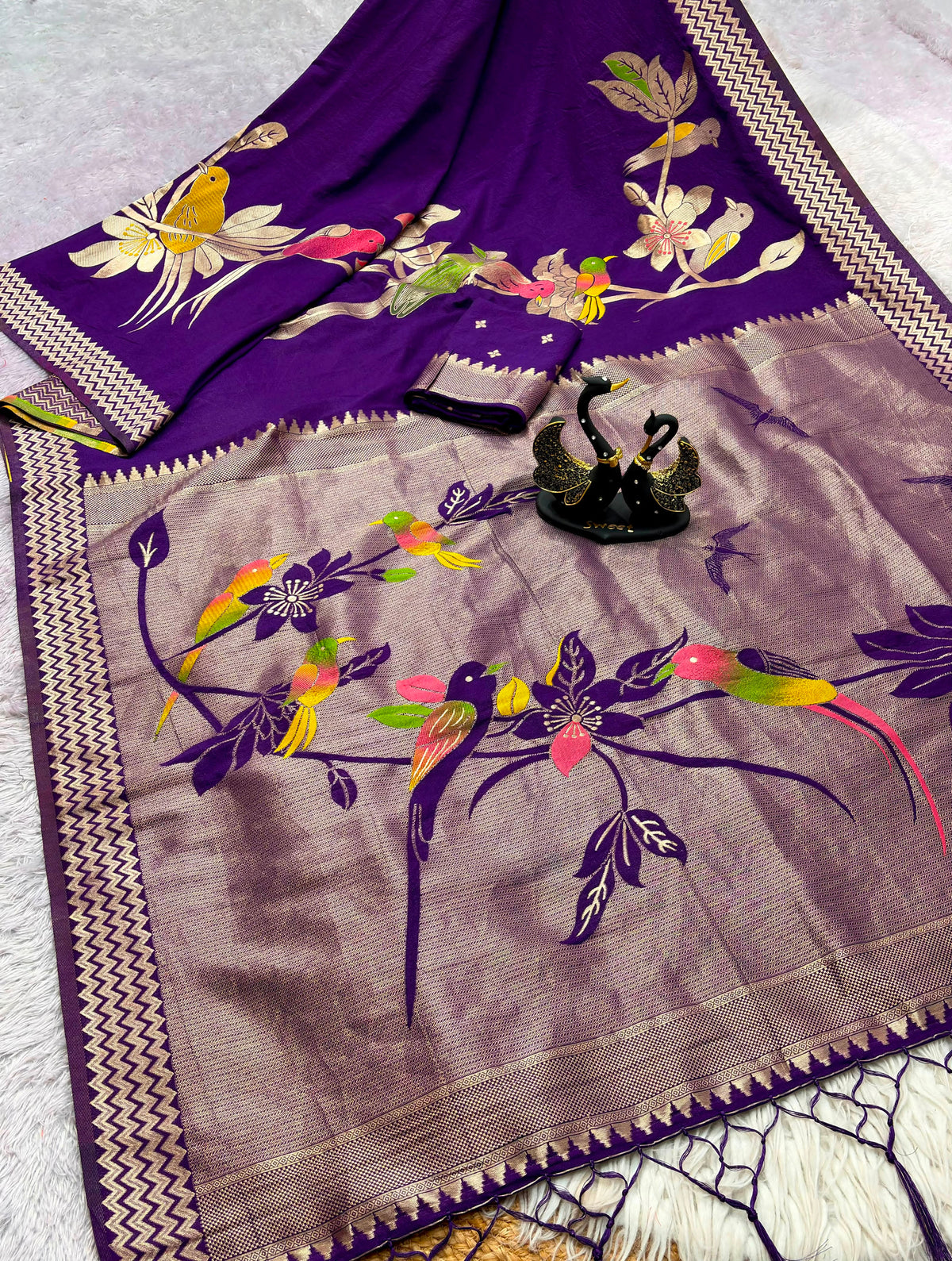 Khadi Crepe Silk Hand-Dyed Saree with Bird Motifs and Fancy Latkans