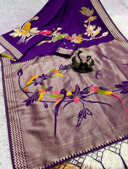 Khadi Crepe Silk Hand-Dyed Saree with Bird Motifs and Fancy Latkans