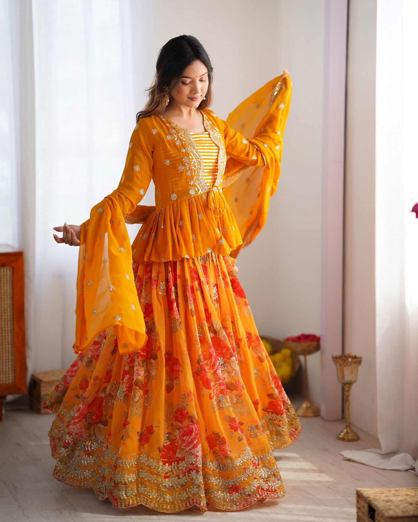 Faux Georgette Digital Print Semi-Stitched Lehenga Choli with Koti and Dupatta