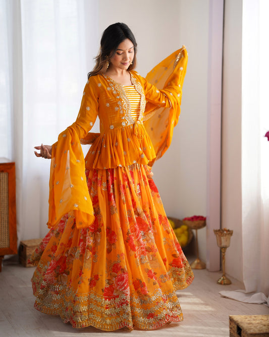 Faux Georgette Digital Print Semi-Stitched Lehenga Choli with Koti and Dupatta