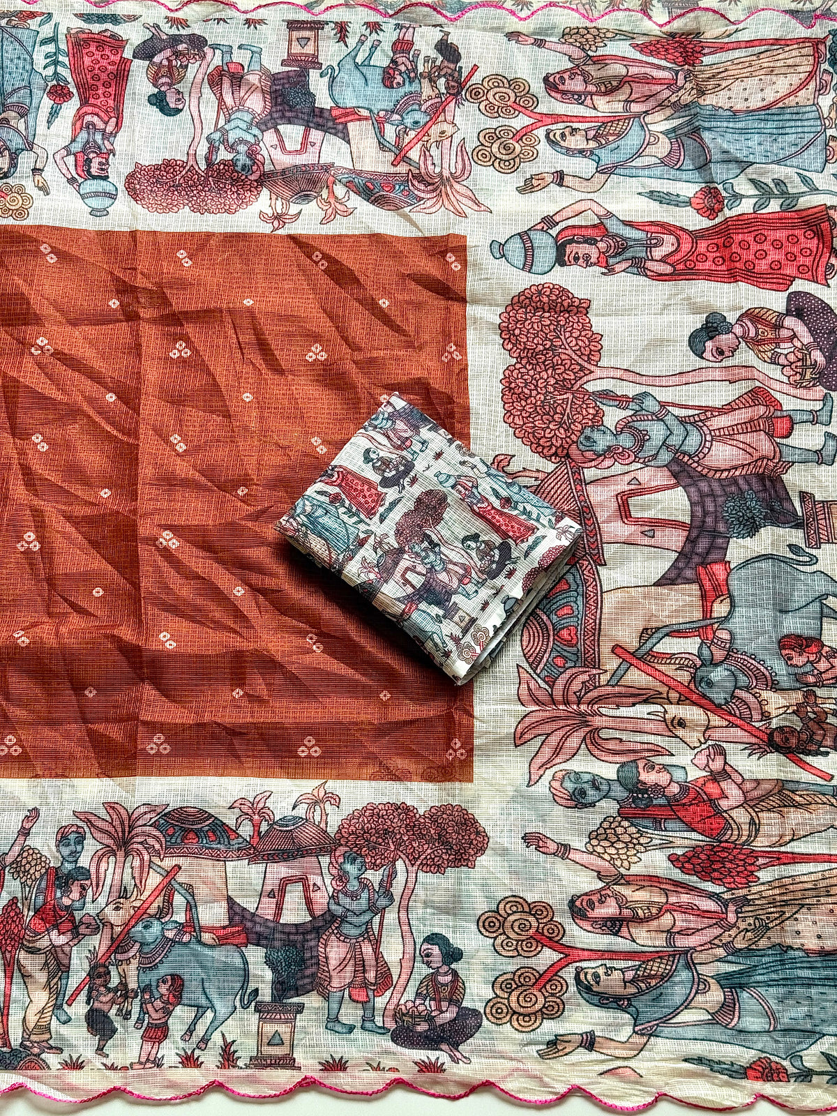 Madhubani Folk Art Printed Kota Chex Saree with Arco Cutwork Border