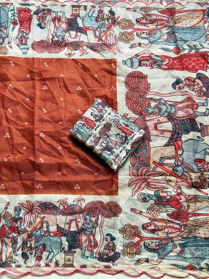 Madhubani Folk Art Printed Kota Chex Saree with Arco Cutwork Border