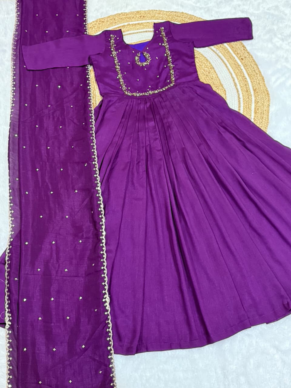 Handwork Vichitra Silk Anarkali Gown with Sequence Work Dupatta
