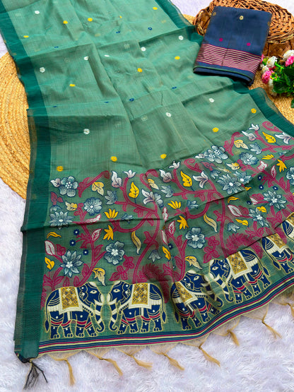 Pure Jamdani Silk Saree with Rich Zari Weave and Contrast Blouse