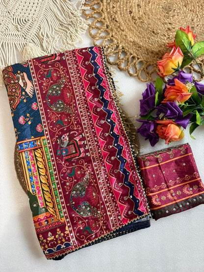 Rashmika Soft Japan Crepe Geruva Print Saree with Mirror Work and Latkans
