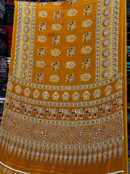 Designer Real Mirror Work Japan Satin Silk Saree