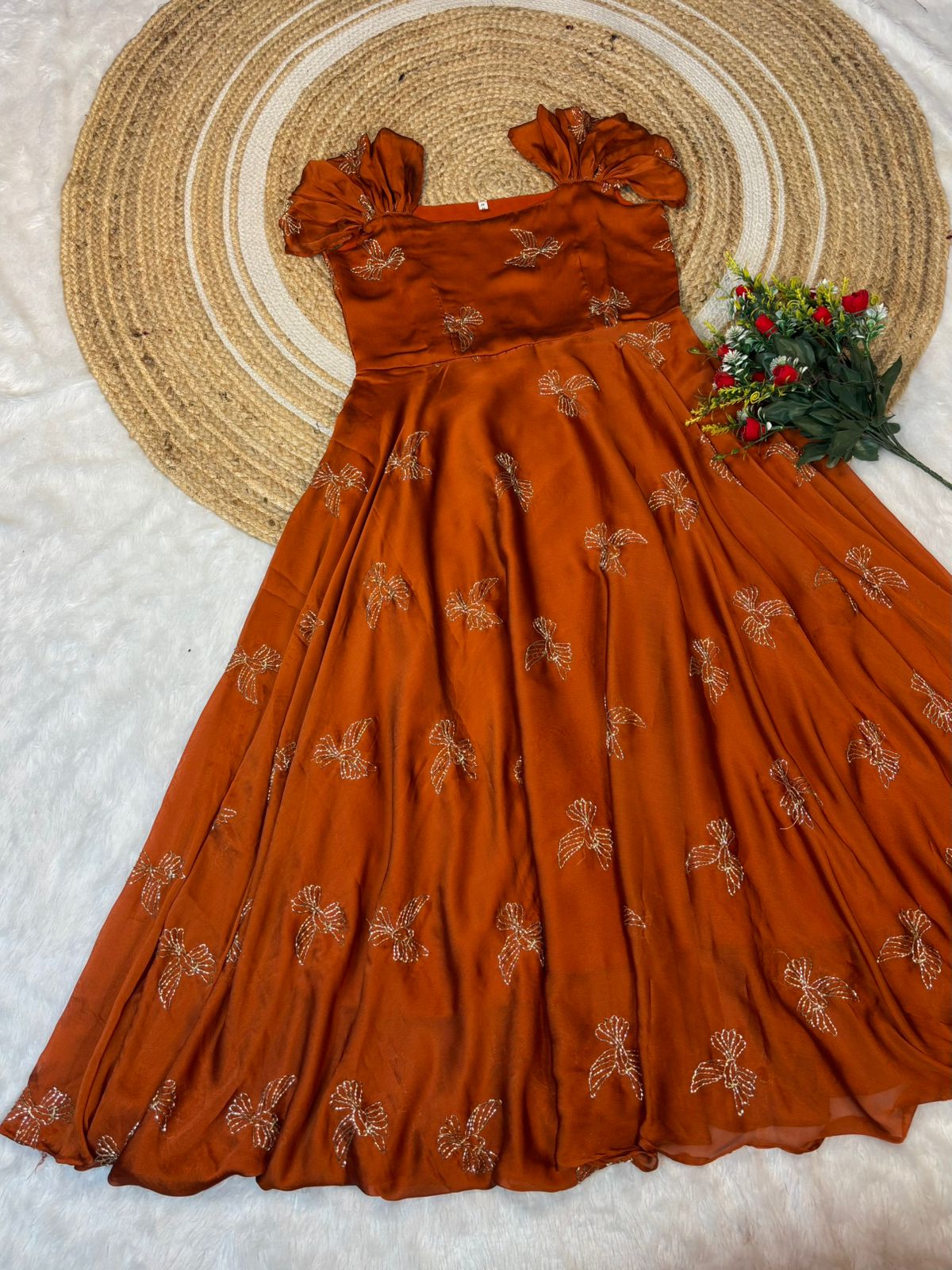 Premium Rangoli Silk Sparrow Beads Aari Work Maxi Gown