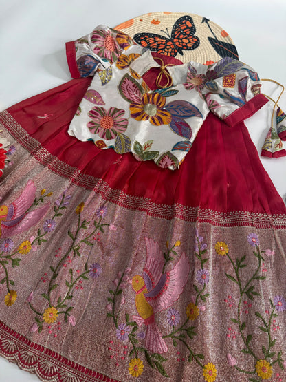 Kids Embroidered Tissue Fabric Lehenga Choli Set