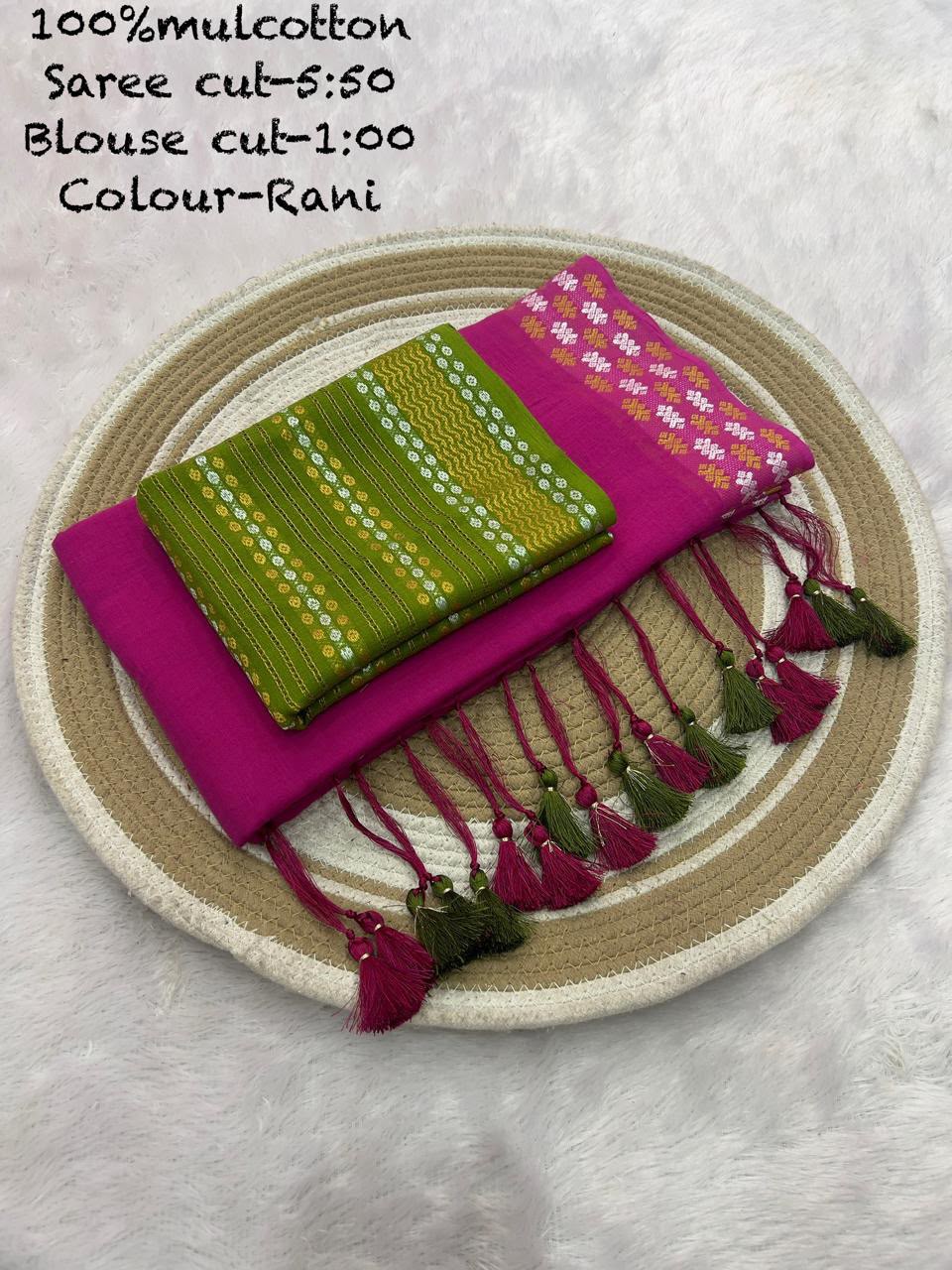 Mul Cotton Saree with Resham Silver Golden Border and Cotton Weaving Blouse