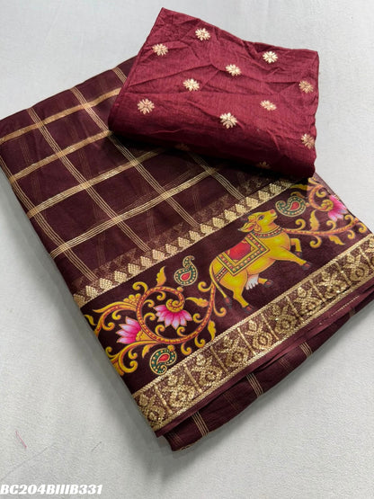 Viscose Georgette 3D Print Border Saree with Running Weaving Butti Blouse
