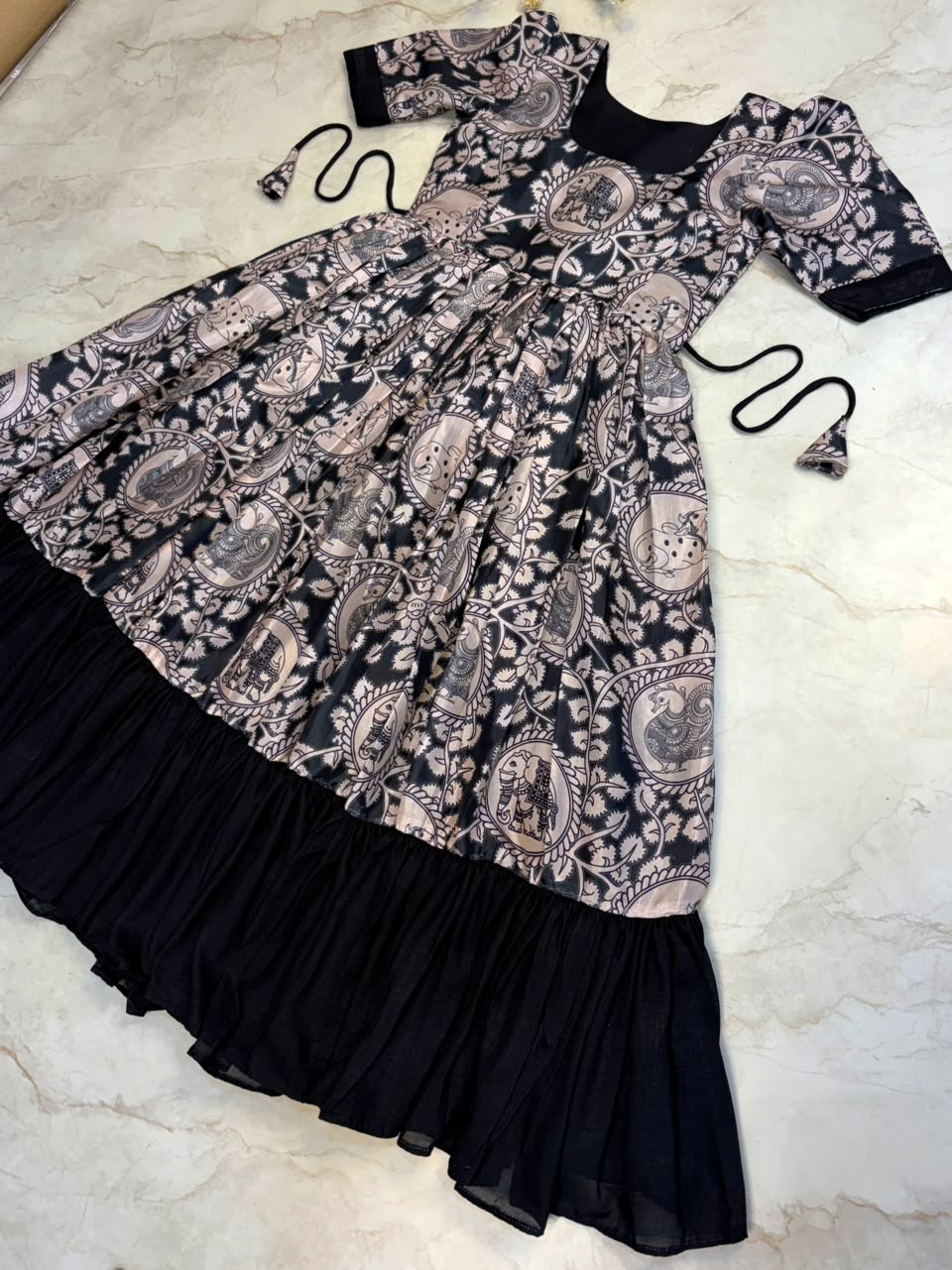 Traditional Kalamkari Vichithra Silk Frock with Contrast Colour Fusion
