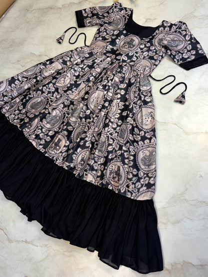 Traditional Kalamkari Vichithra Silk Frock with Contrast Colour Fusion
