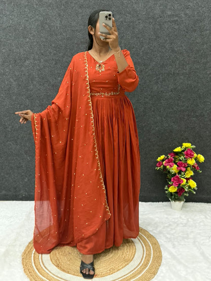Handwork Vichitra Silk Anarkali Gown with Sequence Work Dupatta