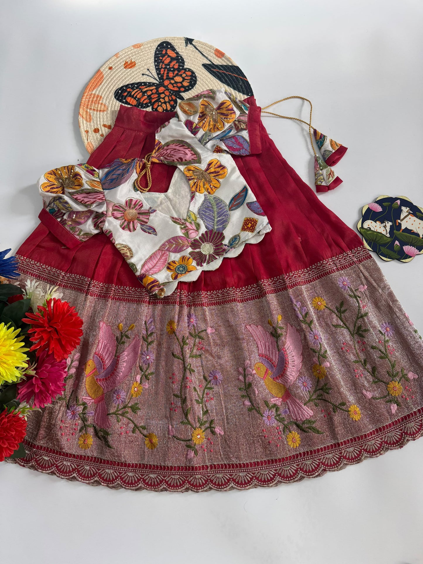 Kids Embroidered Tissue Fabric Lehenga Choli Set