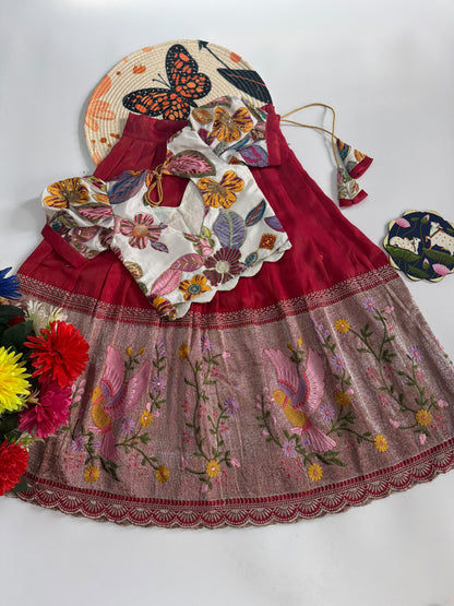 Kids Embroidered Tissue Fabric Lehenga Choli Set