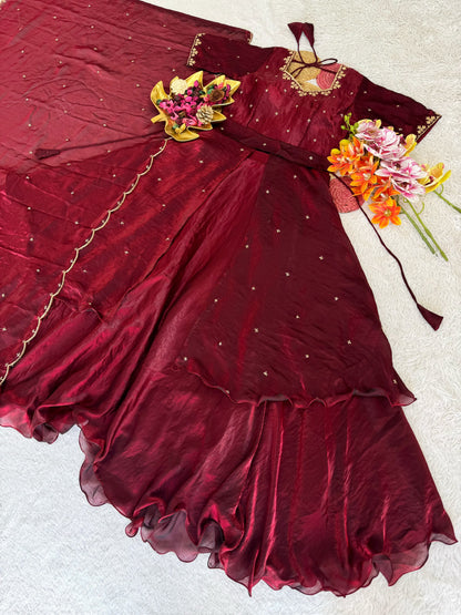 Heavy Space Silk Double Frill Lehenga Choli Set with Sequins Embroidery