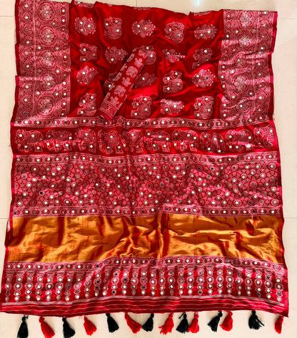 Original Gaji Silk Saree with Lagdi Patta and Full Mirror Work