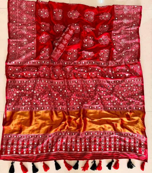 Original Gaji Silk Saree with Lagdi Patta and Full Mirror Work