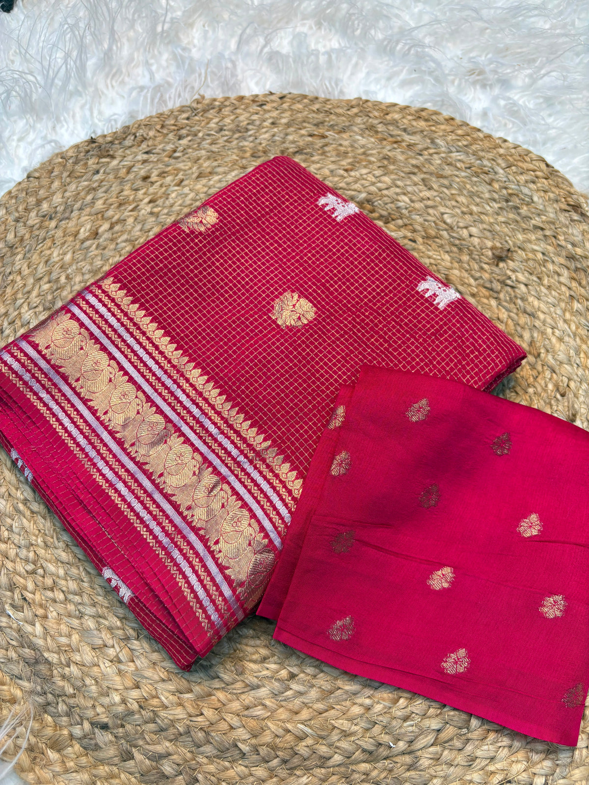 Golden Silver Pure Russian Dola Saree with Zari Peacock & Deer Weaving and Viscose Blouse