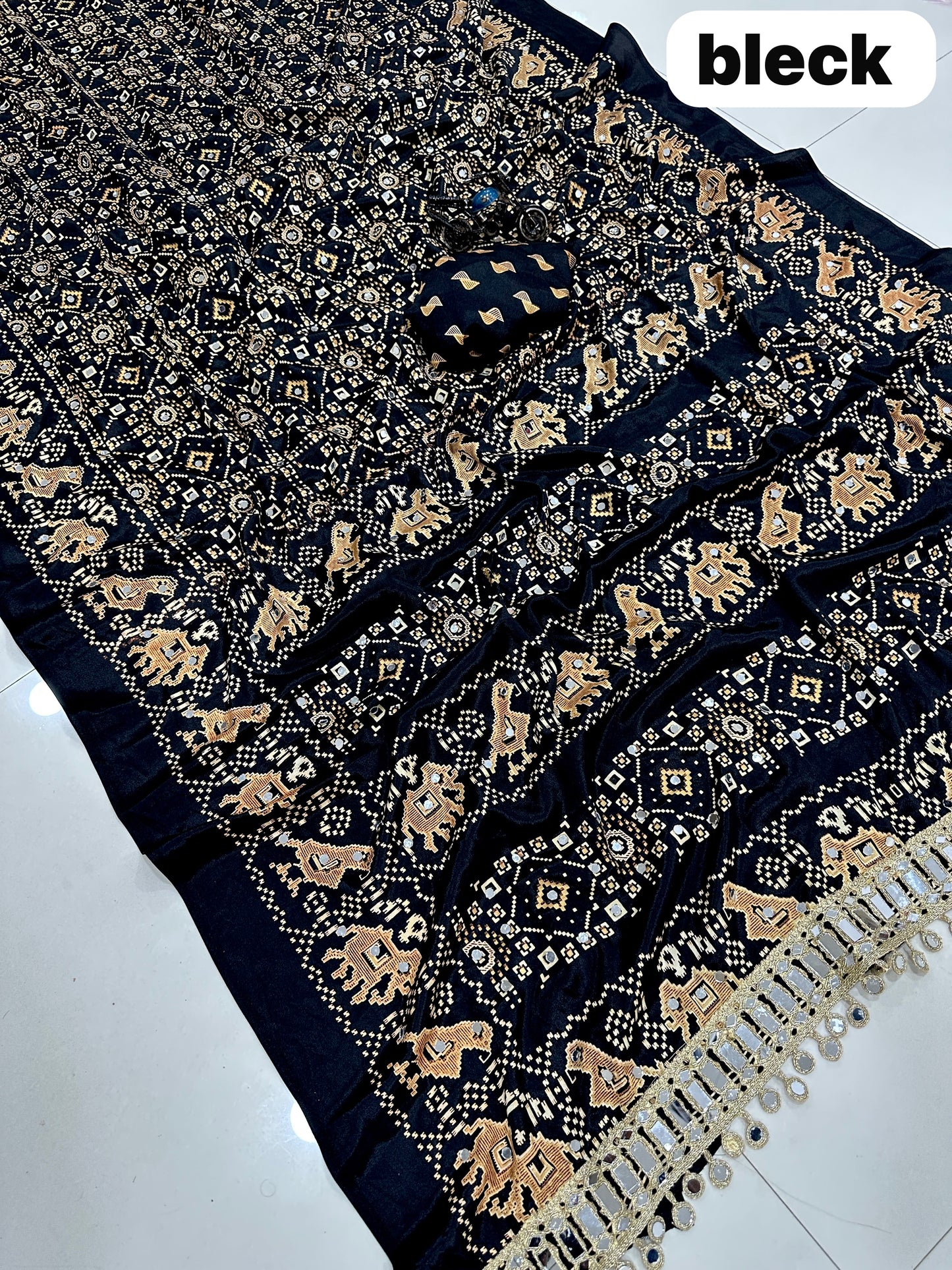 Pure Arjakh Sartin Viscous Silk Saree with Designer Print, Mirror Work & Designer Blouse