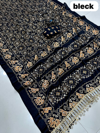 Pure Arjakh Sartin Viscous Silk Saree with Designer Print, Mirror Work & Designer Blouse