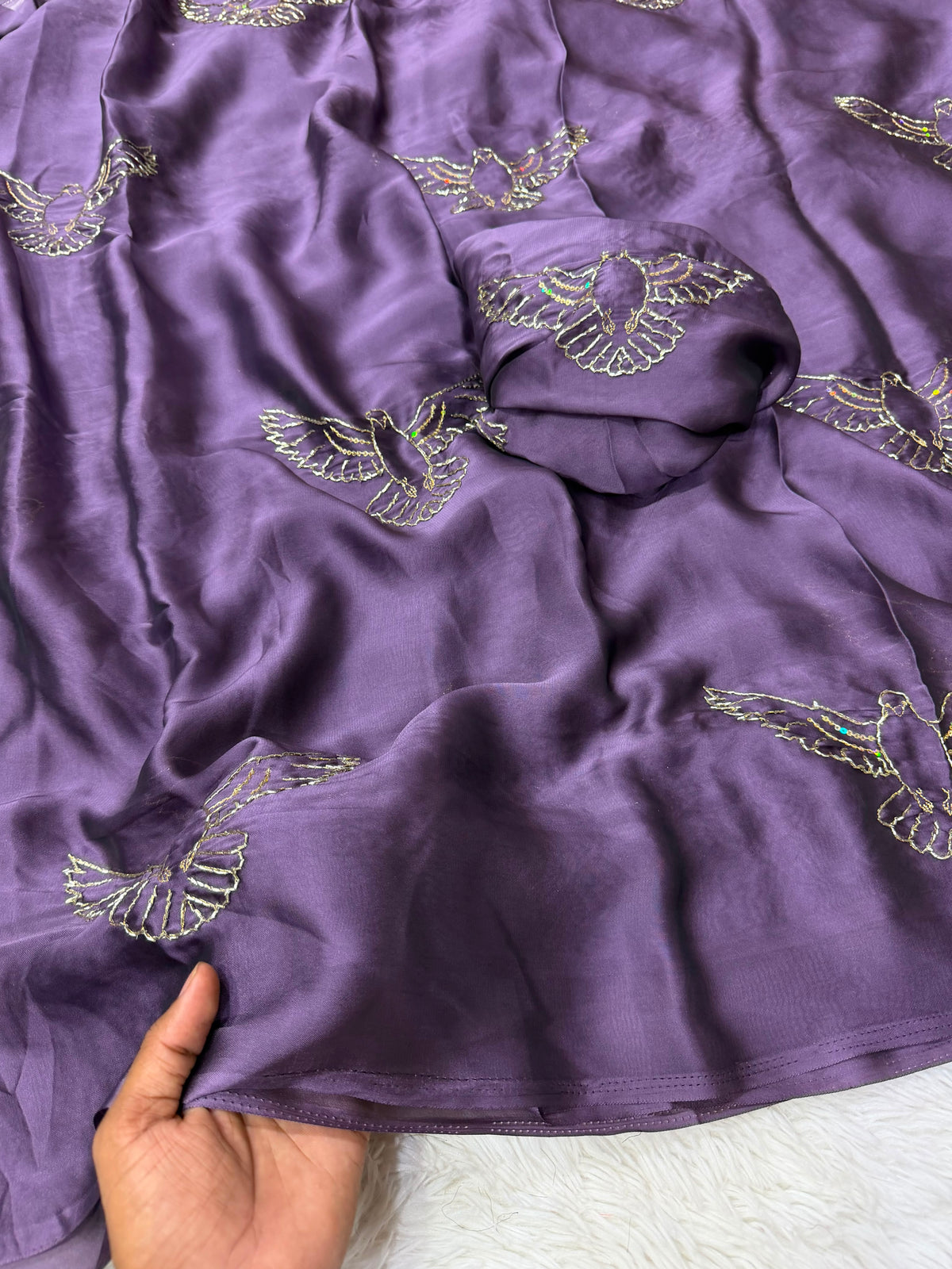 Soft Silk Saree with All-Over Bird Embroidery and Running Blouse
