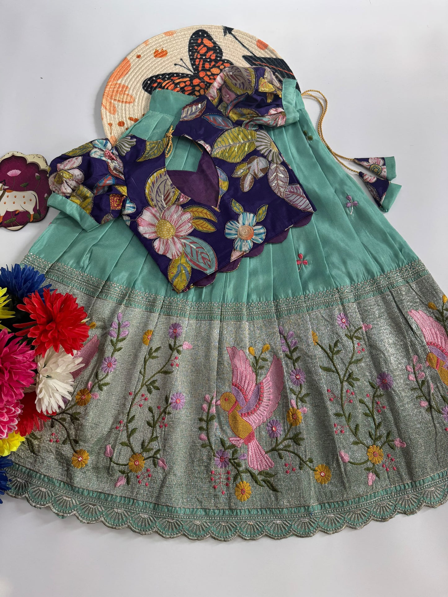 Kids Embroidered Tissue Fabric Lehenga Choli Set