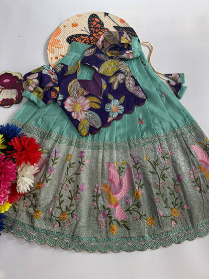 Kids Embroidered Tissue Fabric Lehenga Choli Set