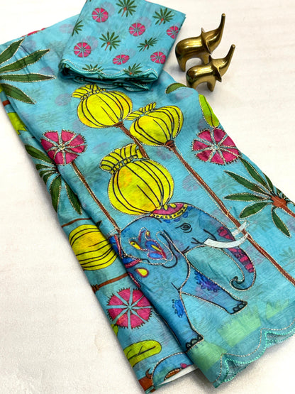 Vamika Soft Chanderi Cotton Floral Digital Print Saree with Aari Work Border