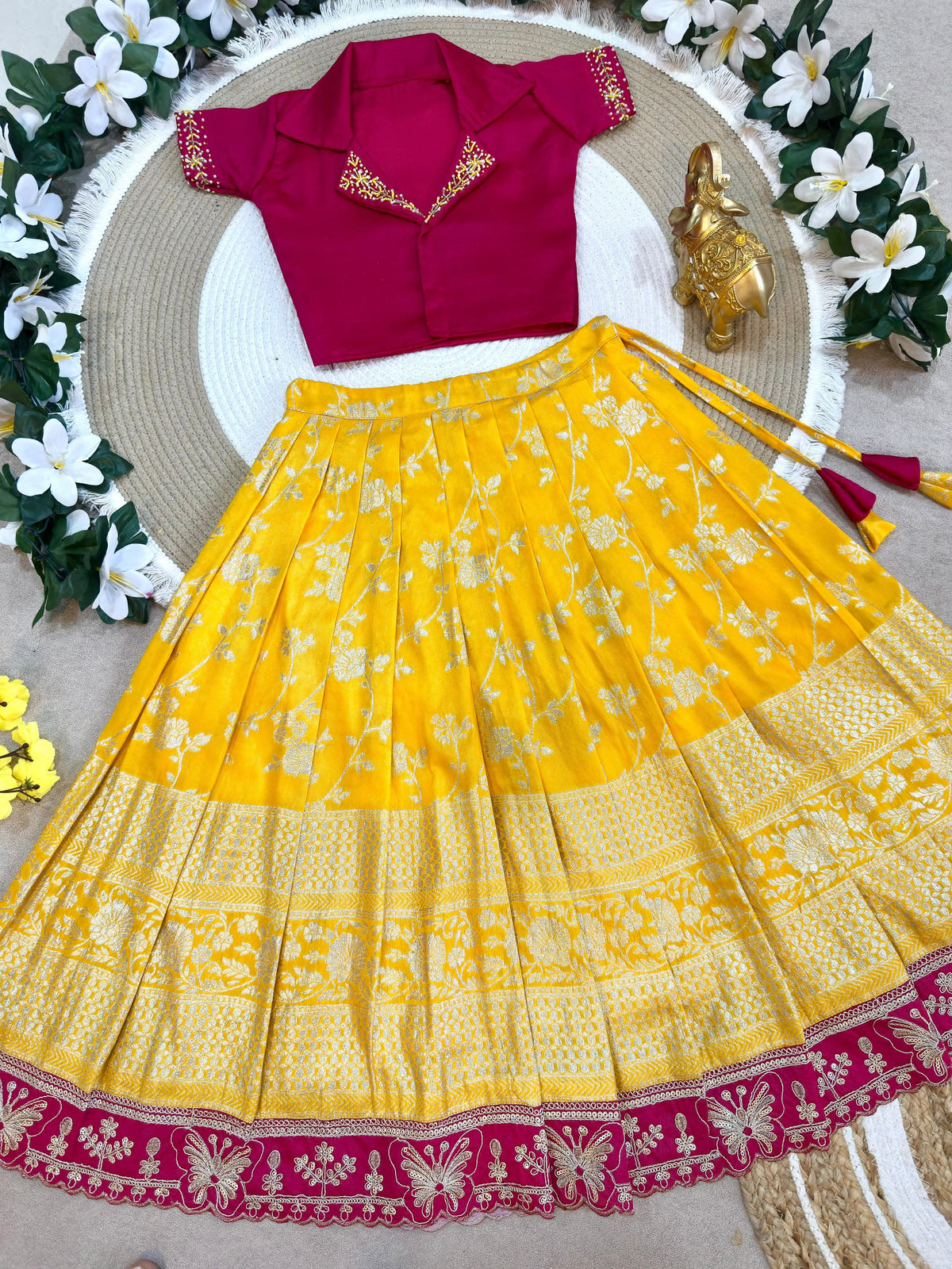 Royal Trio Contrast Kids Lehenga Choli with Floral Zari Work