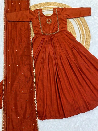 Handwork Vichitra Silk Anarkali Gown with Sequence Work Dupatta