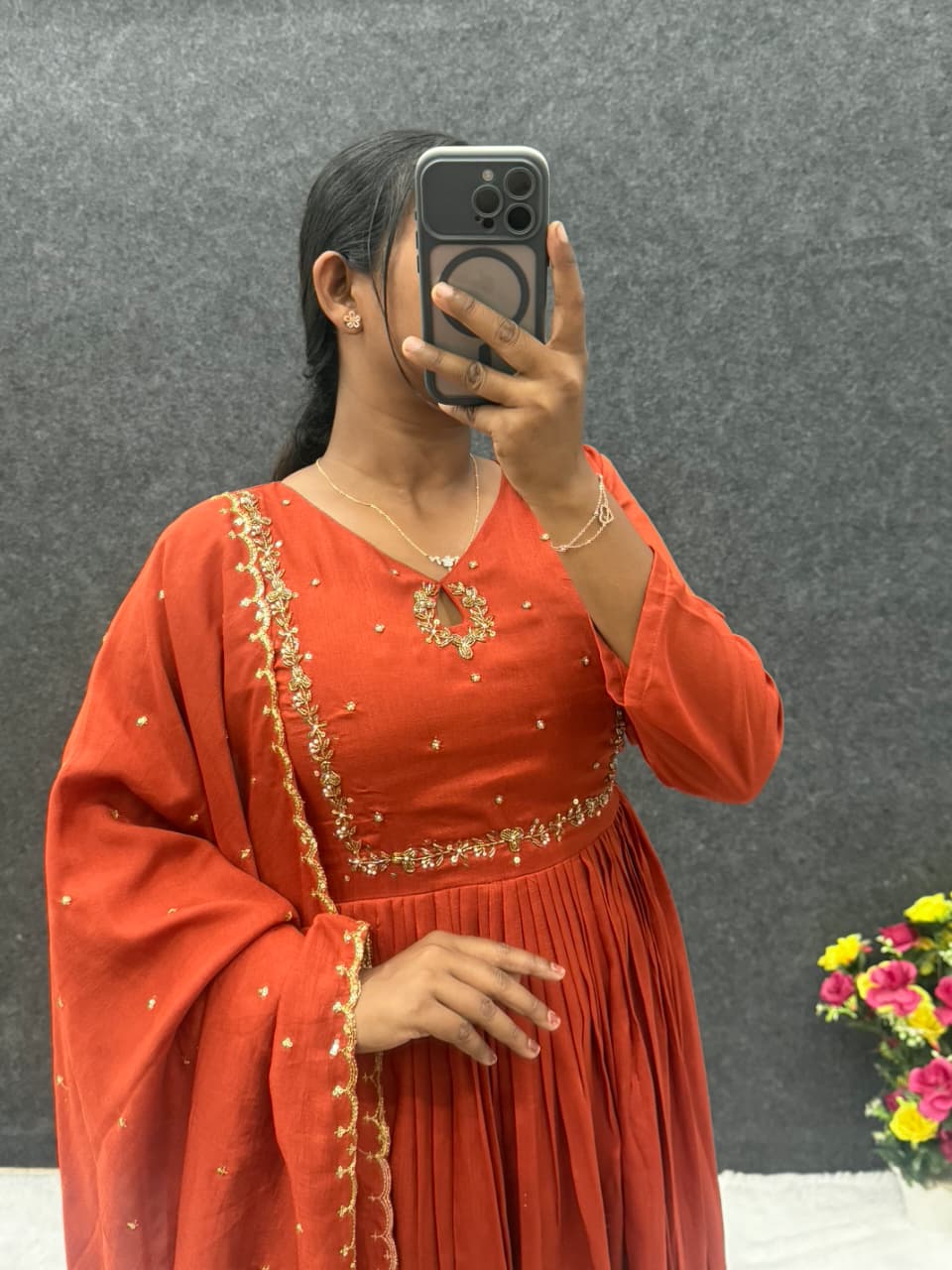 Handwork Vichitra Silk Anarkali Gown with Sequence Work Dupatta