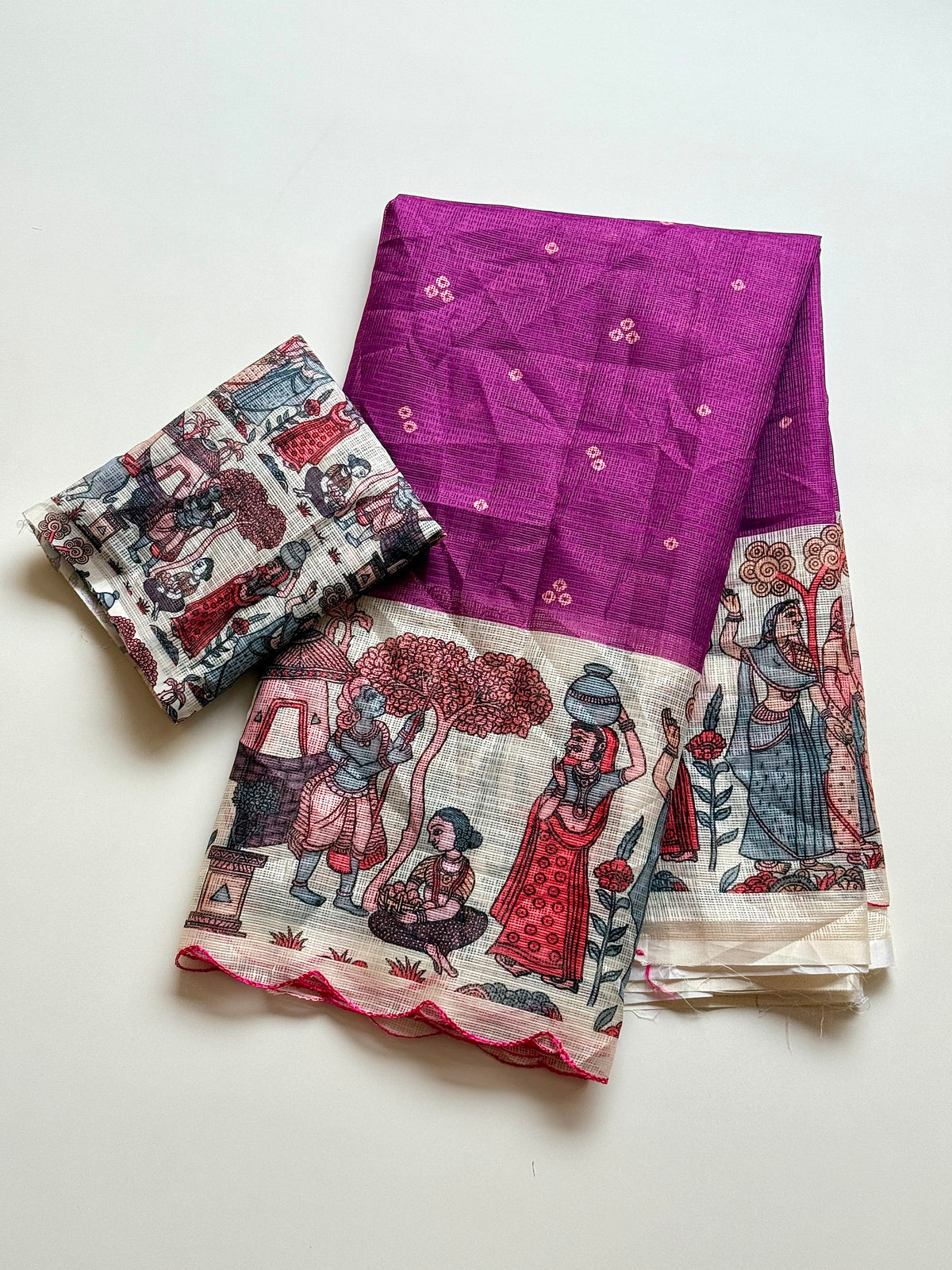 Madhubani Folk Art Printed Kota Chex Saree with Arco Cutwork Border