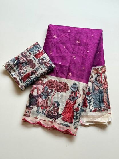 Madhubani Folk Art Printed Kota Chex Saree with Arco Cutwork Border