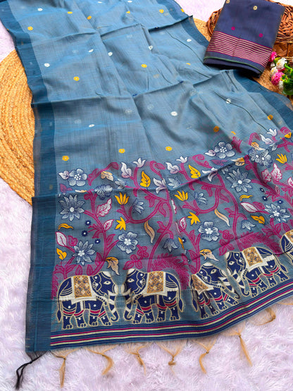 Pure Jamdani Silk Saree with Rich Zari Weave and Contrast Blouse