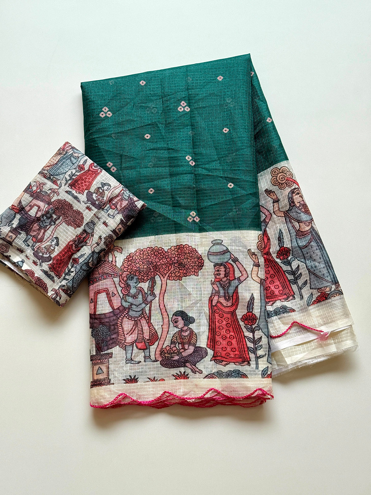 Madhubani Folk Art Printed Kota Chex Saree with Arco Cutwork Border