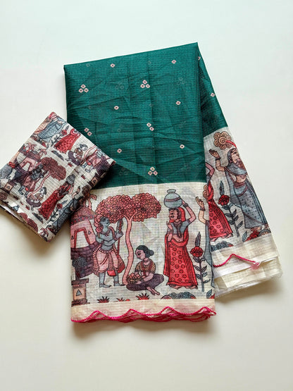 Madhubani Folk Art Printed Kota Chex Saree with Arco Cutwork Border
