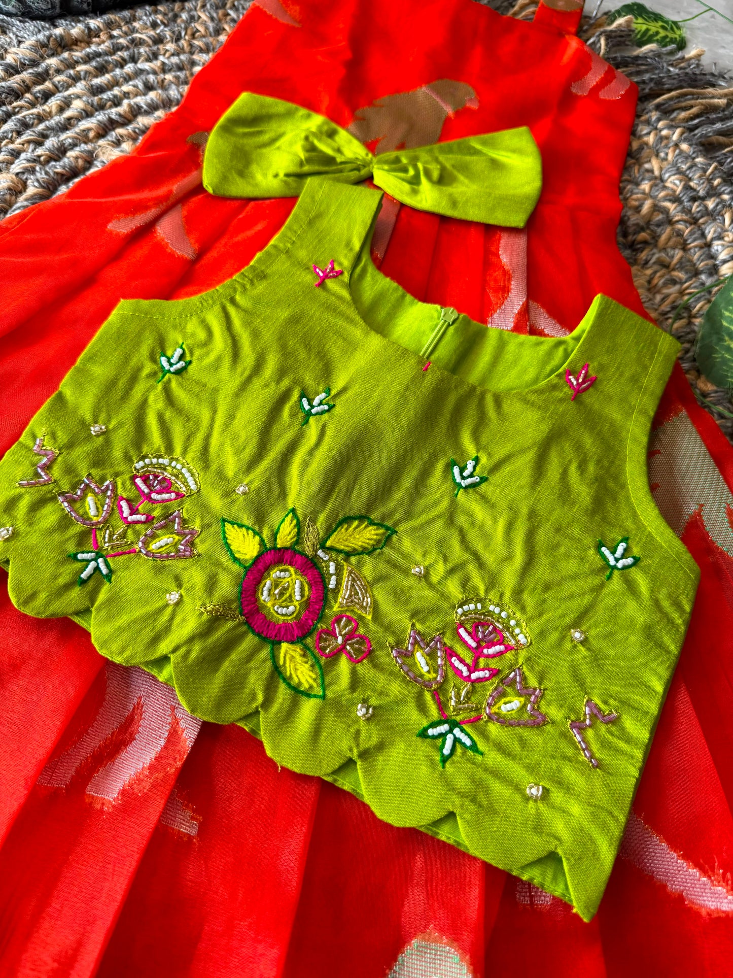 Little Princess Bird Motif Festive Gown with Raw Silk Coat