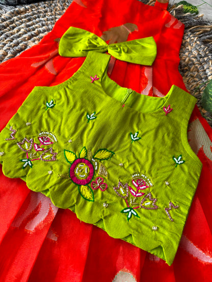 Little Princess Bird Motif Festive Gown with Raw Silk Coat