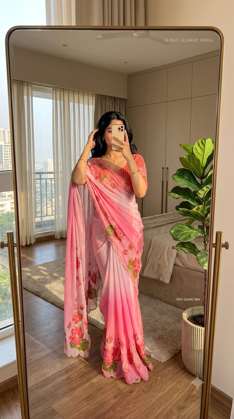 TeBy Silk Floral Digital Print Saree with Cutdana Khatli Work