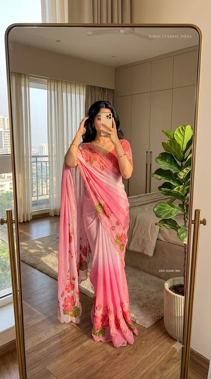 TeBy Silk Floral Digital Print Saree with Cutdana Khatli Work