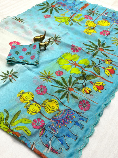 Vamika Soft Chanderi Cotton Floral Digital Print Saree with Aari Work Border
