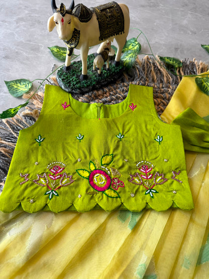 Little Princess Bird Motif Festive Gown with Raw Silk Coat