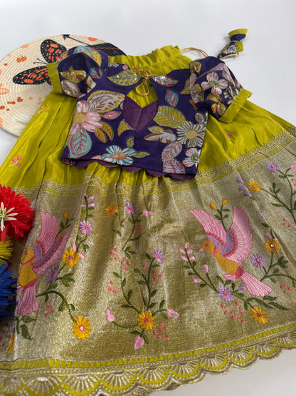 Kids Embroidered Tissue Fabric Lehenga Choli Set
