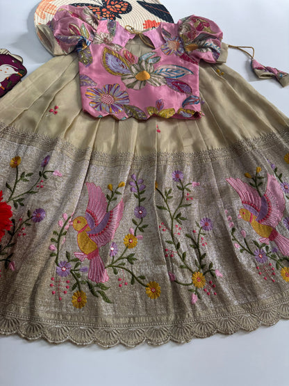 Kids Embroidered Tissue Fabric Lehenga Choli Set